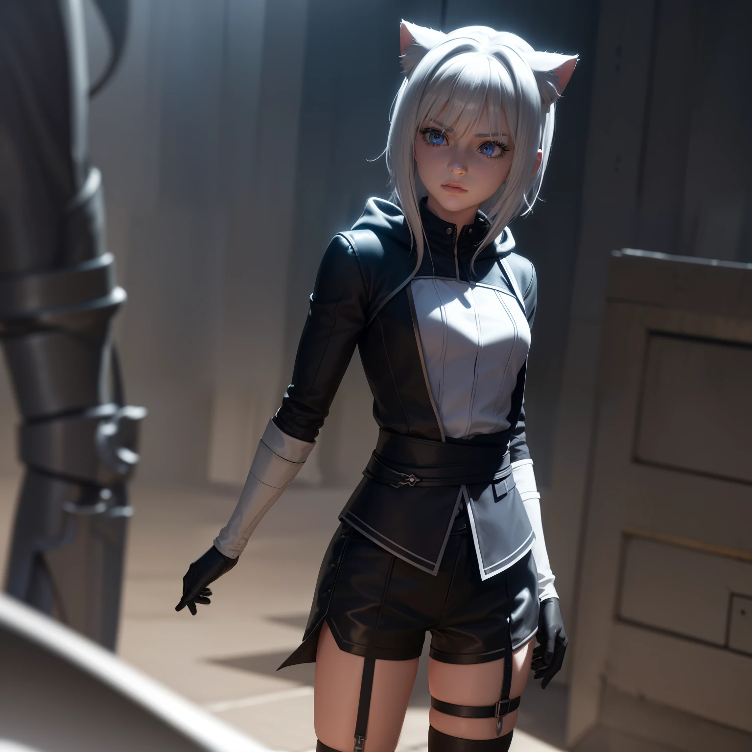 1 girl, character with cat ears, silver hair, short hair, beautiful detailed eyes, beautiful detailed lips, extremely detailed eyes and face, long eyelashes, wearing black hooded outfit, thigh-high stockings, garters, short shorts, (best quality,4k,8k,highres,masterpiece:1.2),ultra-detailed,(realistic,photorealistic,photo-realistic:1.37),concept art, fantasy, cinematic lighting, dramatic shadows You decided to wear a hoodie and covered your body, hiding yourself Rey 