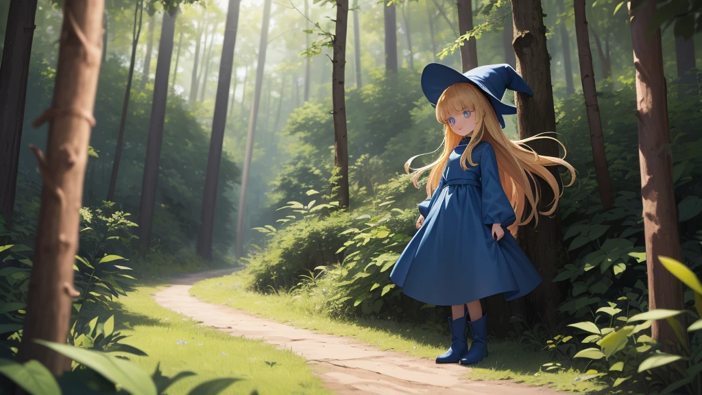 masterpiece, taller than,Very detailed, Absurd, witch, 8-year-old, girl,  alone, Blonde, Long Hair,  blue eyes, Blue Boots, Green clothes, Long sleeve,Have,in the forest, smile,Open your mouth,