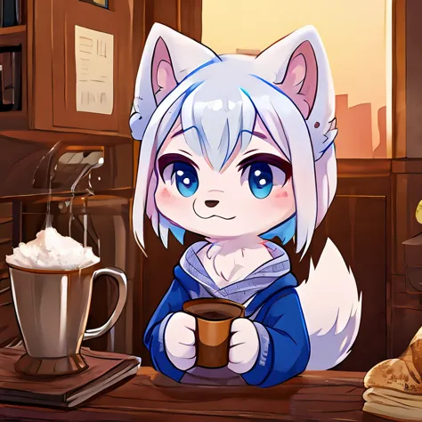 arctic fox with a mug of natural coffee, cute, standing, mascle