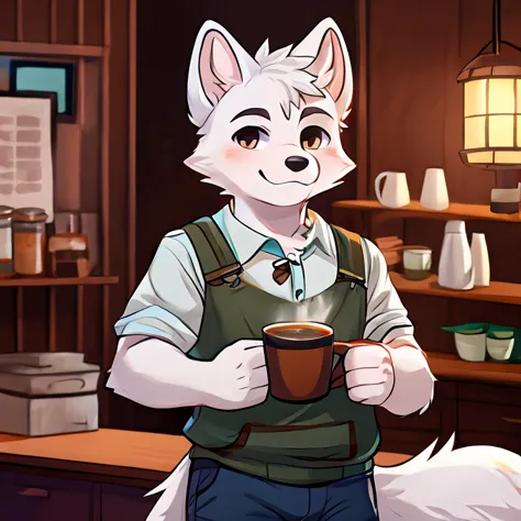 arctic fox with a mug of natural coffee, cute, standing, masculine