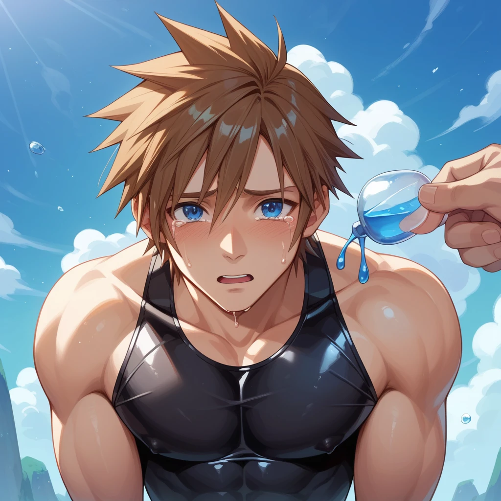 Kingdom hearts、((sky))、（A boy restrained and with an erection）naked、Brown Hair、cute、Spiky hair、Are crying、Looks disgusting、（Tight Rubber Suit、Thick black liquid、Adhesive Liquid）