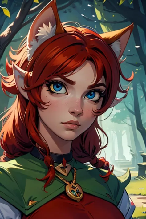 Surreal beautiful crazy elf, curly red hair, face detailed, pointy cat ears,  pointy long nose, HD, 8k 