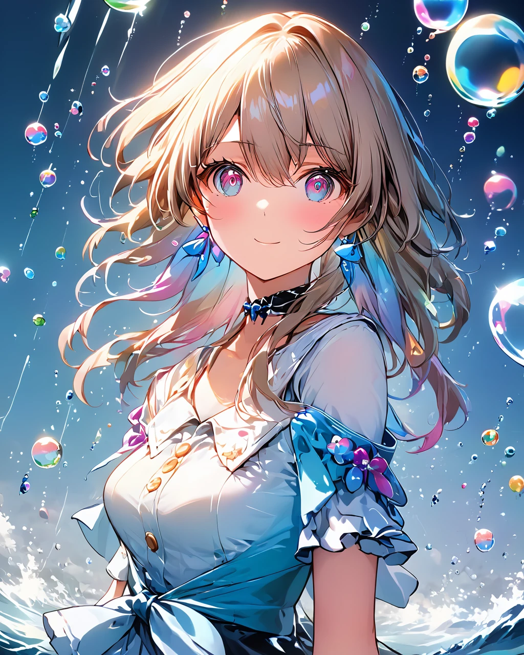 8K,Detailed anime style,Close-up shot,Cute girl with swinging hair,Standing in water,Upper Body,View your viewers,Surrounded by colorful bubbles,The Shining,Shadow,
march 7th,