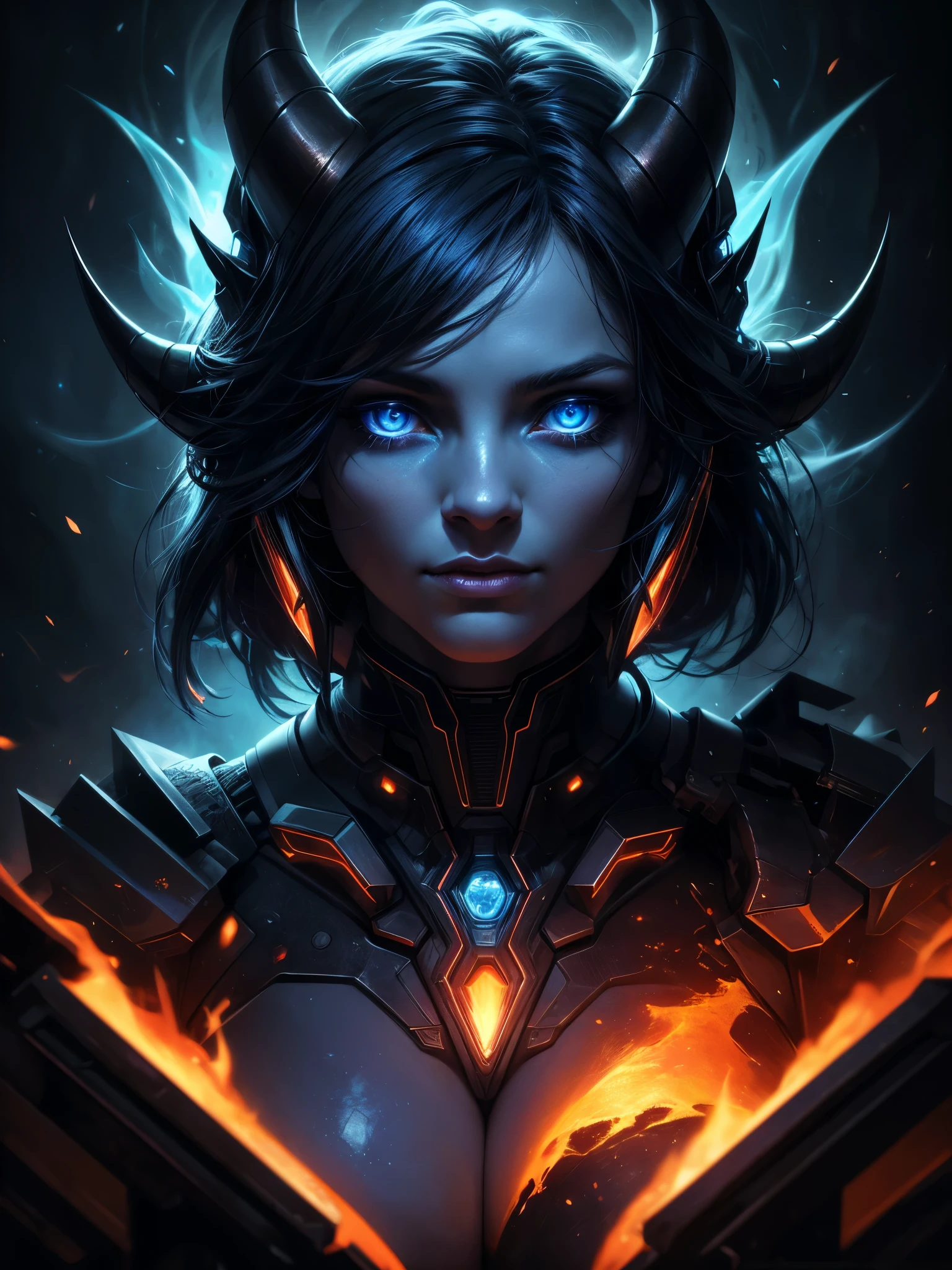 A celestial woman with her ((head engulfed in blue flames)), a pair of macabre horns on her head, a sexy technological combat suit-clad body, vibrant colored glowing eyes, a hellish inspired scenario, (best quality,4k,8k,highres,masterpiece:1.2),ultra-detailed,(realistic,photorealistic,photo-realistic:1.37),detailed eyes,detailed lips,extremely detailed face,long eyelashes,portrait,dark fantasy,sci-fi,digital art,cinematic lighting,dramatic colors,chiaroscuro,moody atmosphere,((head on fire))