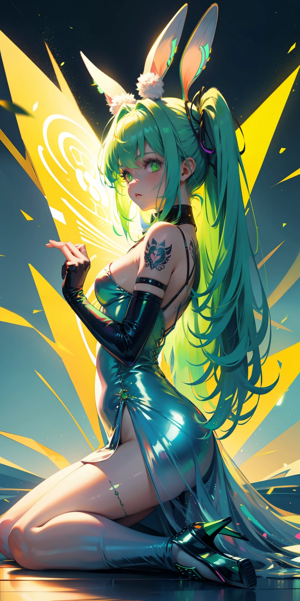 Rabbit technique , Science Fiction, Fluffy , 
1 girl, Tattoo, Glowing tattoo, Glowing eyes, Colorful glowing hair , Full body love, Green Hair,
  Kawaiitech, Soft colors, Kawaii, Lovely colors,