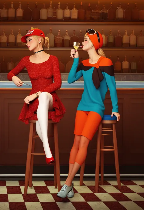 two 1920'S flapper girls at the speakeasy bar sipping champagne and smoking cigarettes, cinematic realism,