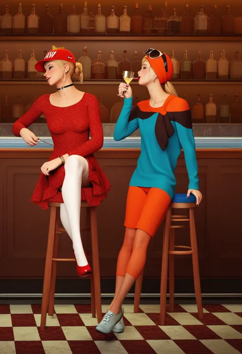 two 1920's flapper girls at the speakeasy bar sipping champagne and smoking cigarettes, cinematic realism,