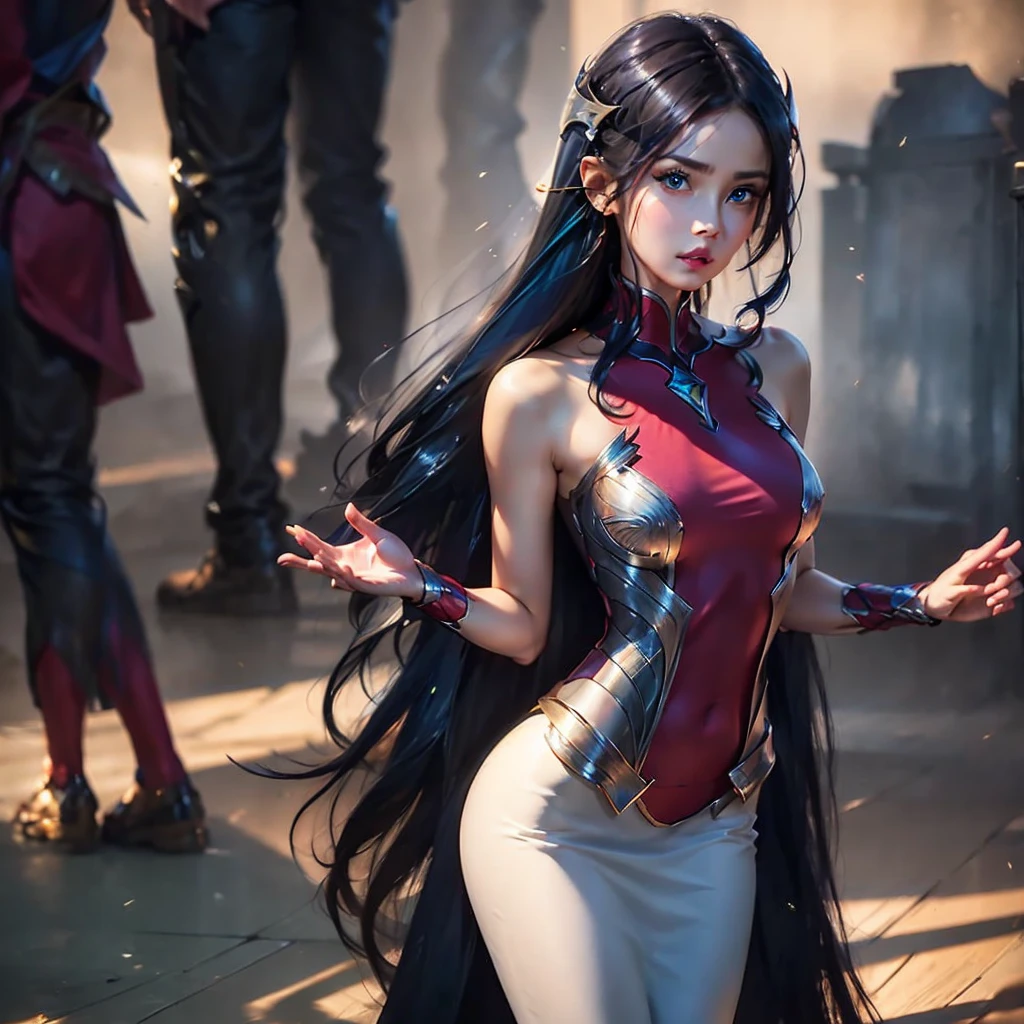 irelia from league of legends, a beautiful 24 years old woman, asian girl, dark blue long hair, blue eyes, fit body, she controls blades in the air, serious face, detailed photograph, 8k, uhd, high quality photo, bright day, grassland background, sexy girl, perfect body, perfect face, very big eyes, detailed face, detailed hands, detailed eyes, high detailed photograph, 16k, perfect woman face