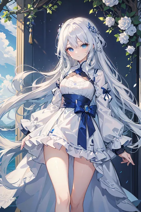 White-haired, blue-eyed girl、Long and wavy、hair ornaments、Fluffy white dress、race、ribbon、Roses on the background