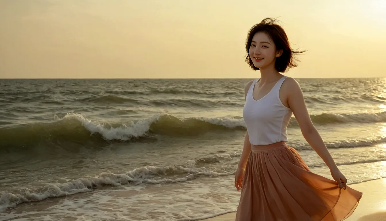 sunset on the beach，바다에 잔광이 비치네sunset on the beach 붉은 태양，A strong lingering scent is reflected in the sea., Beautiful 36-year-ol...