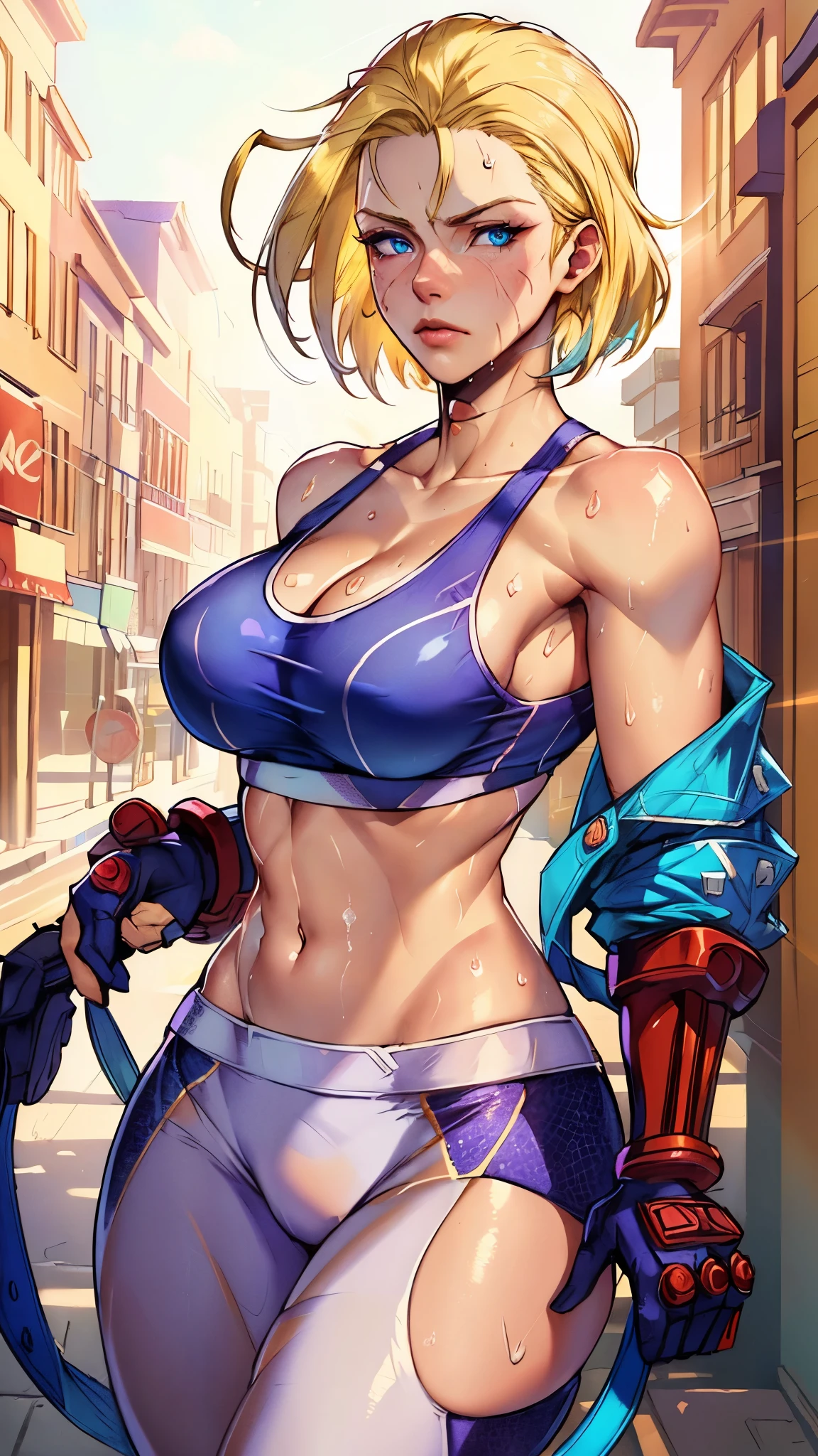 ((((masterpiece, best quality, high resolution)))), Extremely detailed 8K, 1 female, (Cammy White) wearing her Cammy White outfit, (Ultra HD, Ultra-detailed, Highly detailed, Highly realistic, Ultra-realistic, photograph realistic), (1girl:1.5), (Realistic short blond hair), (dynamic poses), facing at camera, looking at viewer, (a serious focus face), (regular blue eyes, sharp eyes), (perky breasts:1.2), (beautiful detailed face, beautiful detailed eyes), ((slightly sweating)), (preparing for a workout), sweat, glow, (sunbeam, sunlight), ((cowboy shot)), streets background, seductive, EnvyBetterHands LoCon,