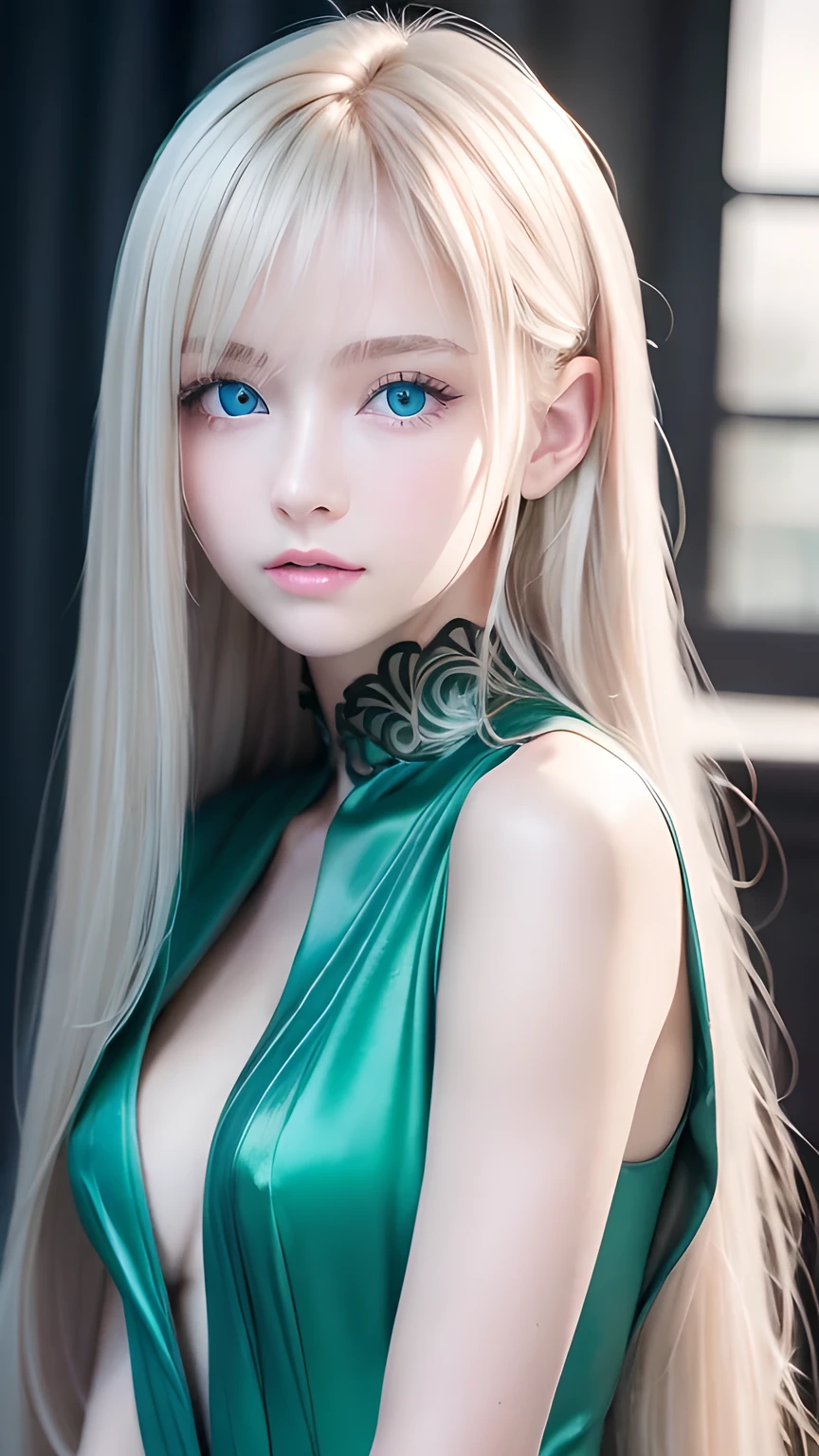 Mastepiece, Best Quality, Photorealistic, Super detailed, Fine details, High resolution, 8k wallpaper, RAW color photos, Professional, High level of detail, Beautiful girl with beautiful platinum blonde super long straight long silky hair. Long bangs between the eyes,、Sharp Focus, Award-winning photography, (Emerald green dress), (Cleavage), (Facing forward), (View your viewers), Small light, Low Contrast, Facial symmetry, Depth of written boundary, Movie Background, Center image, Softly lit, (Fine skin), Pale skin, Gloss Face、Cheek gloss、Realistic skin textures, Extreme Skin Detail、Bright pale marine blue eyes、