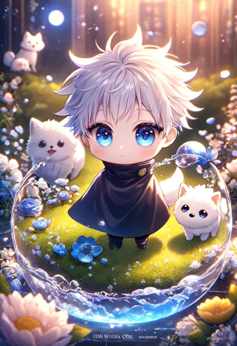 absurdres, highres, ultra detailed, hdr, master piece, gojou satoru chibi, white hair, expressive blue eyes, white eyelashes, sm...