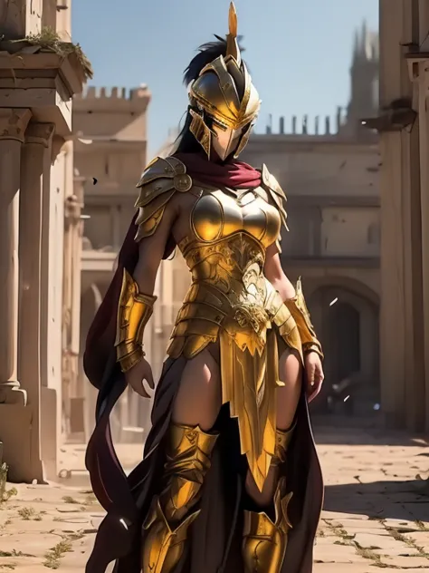 beautiful warrior woman in golden greek armor, porfect human face detailed,  Jet black hair, hoplite helmet, muscular, huge nake...