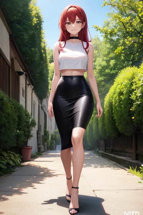 1girl, woman, bra, red crop top, midriff, tight midi pencil skirt black, long length pencil skirt, long hair, full body, walking...