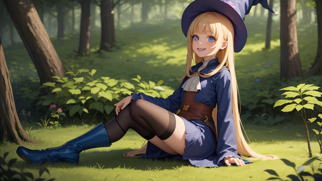 masterpiece, taller than,Very detailed, Absurd, witch, 8-year-old, girl,  alone, Blonde, Long Hair,  blue eyes, Blue Boots, Long sleeve,Have,in the forest, smile,