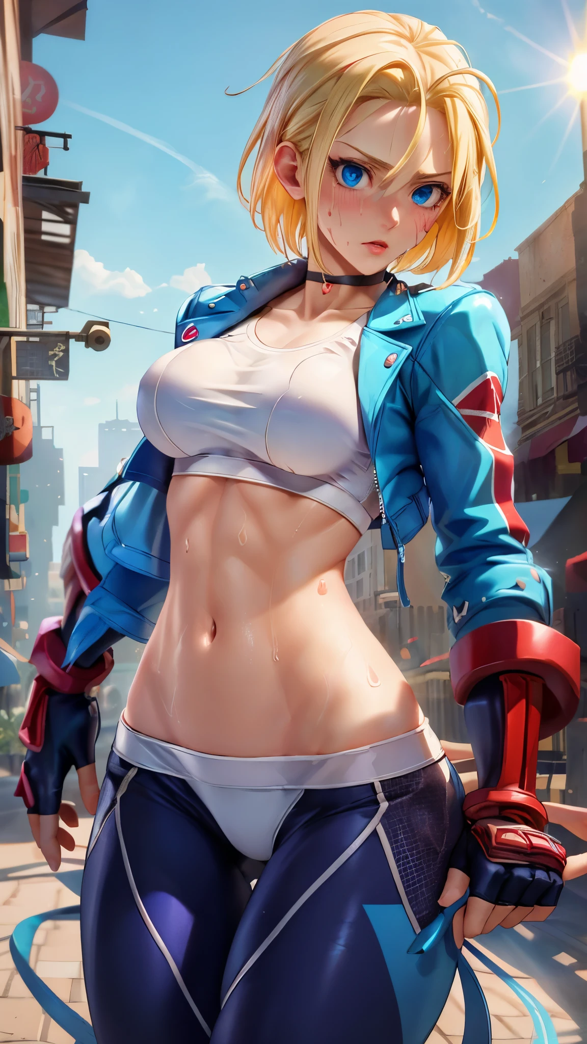 ((((masterpiece, best quality, high resolution)))), Extremely detailed 8K, 1 female, (Cammy White) wearing her Cammy White outfit, (Ultra HD, Ultra-detailed, Highly detailed, Highly realistic, Ultra-realistic, photograph realistic), (1girl:1.5), (Realistic short blond hair), (dynamic poses), facing at camera, looking at viewer, (a serious focus face), (regular blue eyes, sharp eyes), (perky breasts:1.2), (beautiful detailed face, beautiful detailed eyes), ((slightly sweating)), (preparing for a workout), sweat, glow, (sunbeam, sunlight), ((cowboy shot)), streets background, seductive, EnvyBetterHands LoCon,