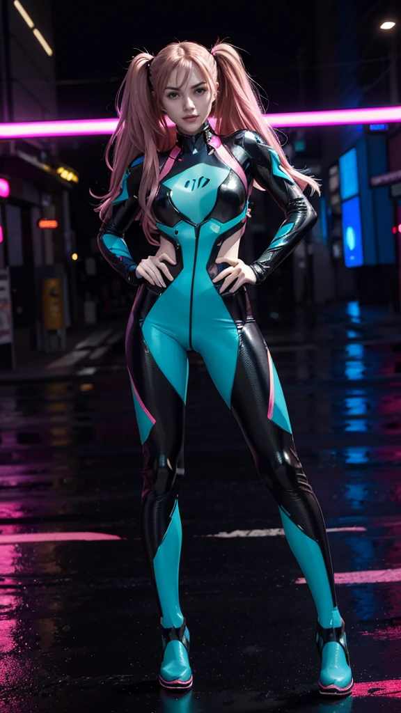 (masterpiece), (best quality), (ultra detailed), (epic lights reflections), awards winning photography, glowing, luminous neon lights, 1girl, blue eyes, pink hair, full makeups, red lips, fit body hair blown by strong winds, ((wearing Neon Genesis Evangelion armor)), very tight, tron, hair blown by winds, ((full body)), symmetrical pose, model posing in the middle, 