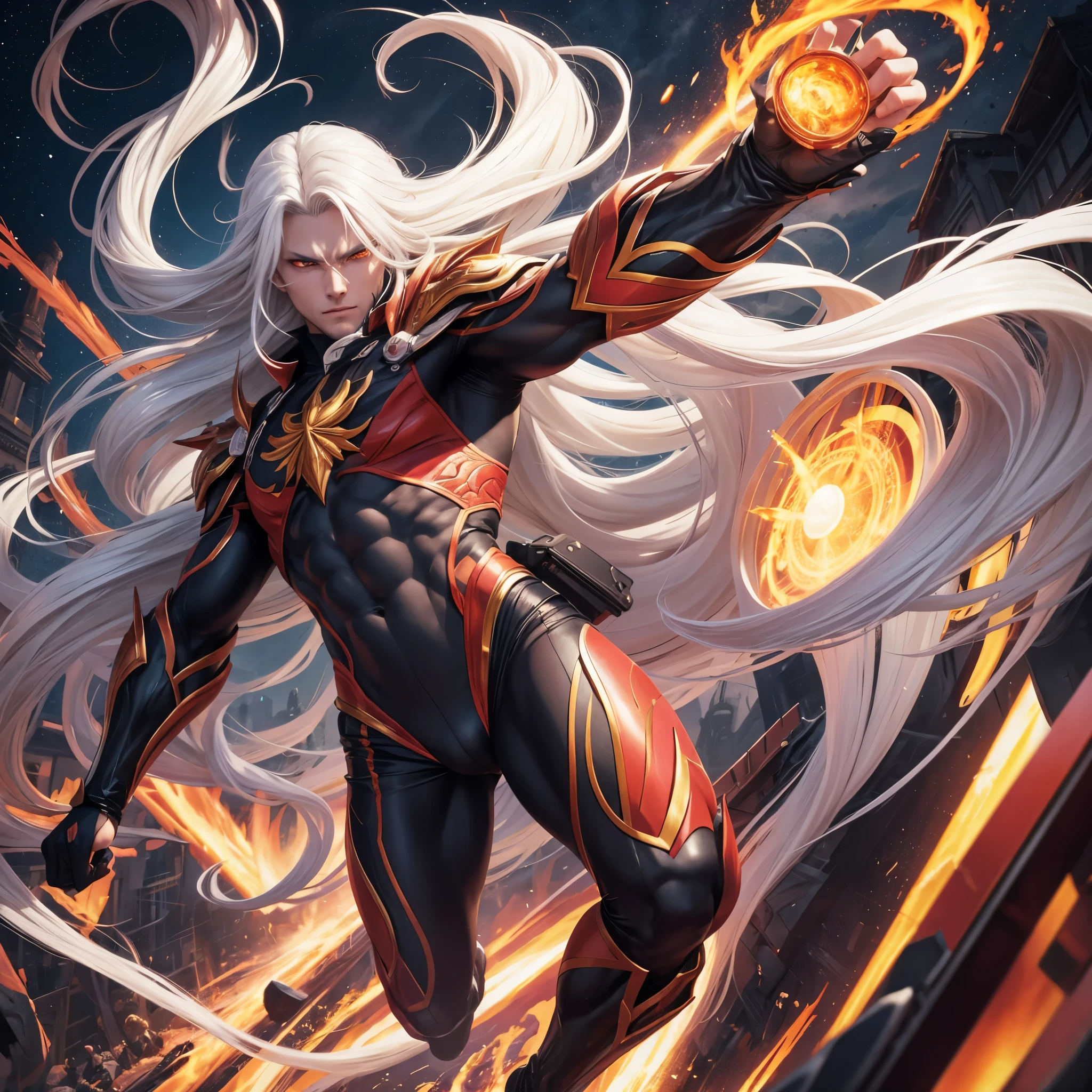 Athletic handsome demon making a jump  into a chocheted dimension, long white hair, amber eyes, dynamic image, esoteric, highly detailed, slightly influenced by manhua aesthetics.