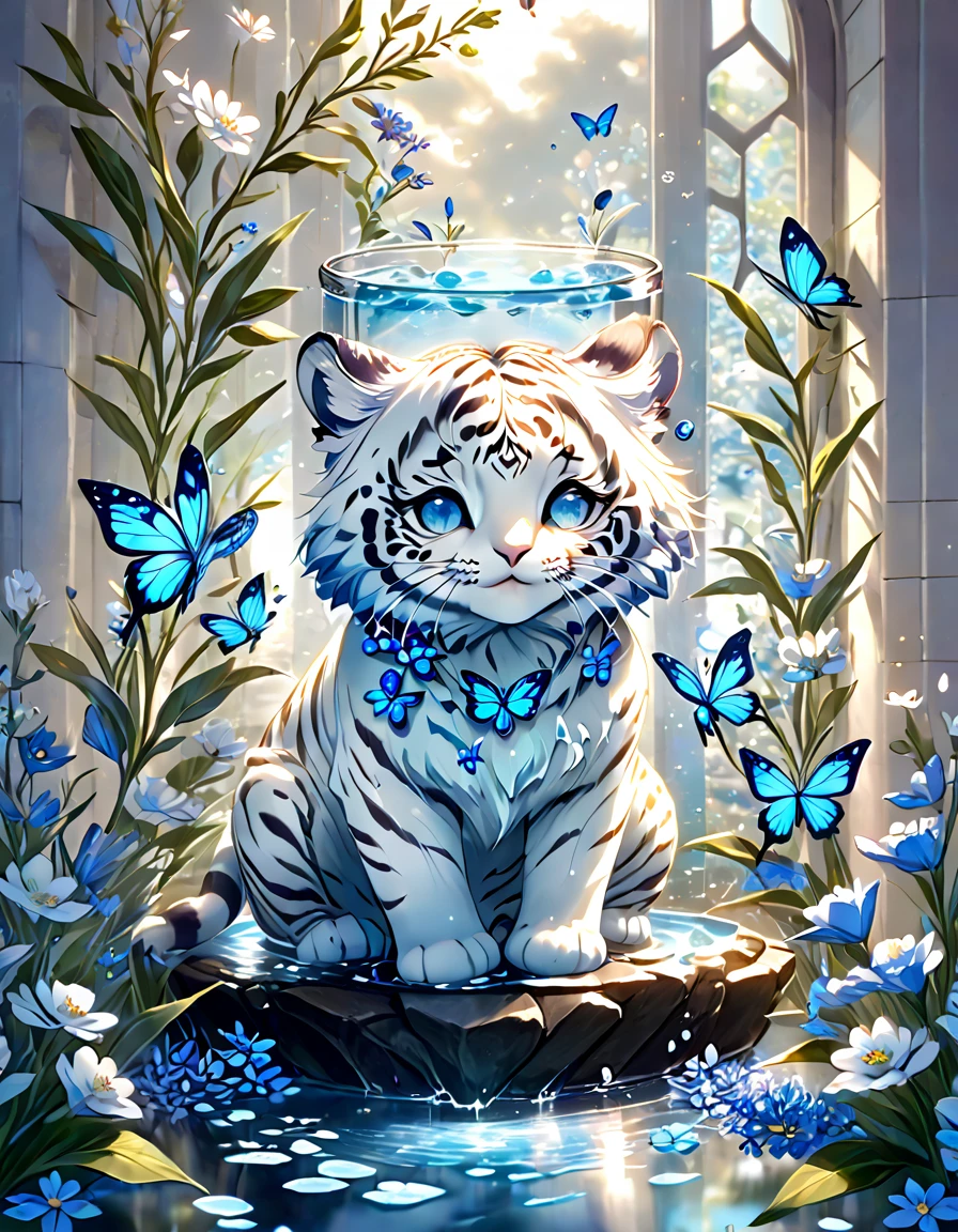 absurdres, highres, ultra detailed, HDR, master piece, best quality, extremely detailed, white tiger, solo, cute, small, fantasy, magical, magic, blue butterflies, blue petals, blue flowers, water, blossoms, glass