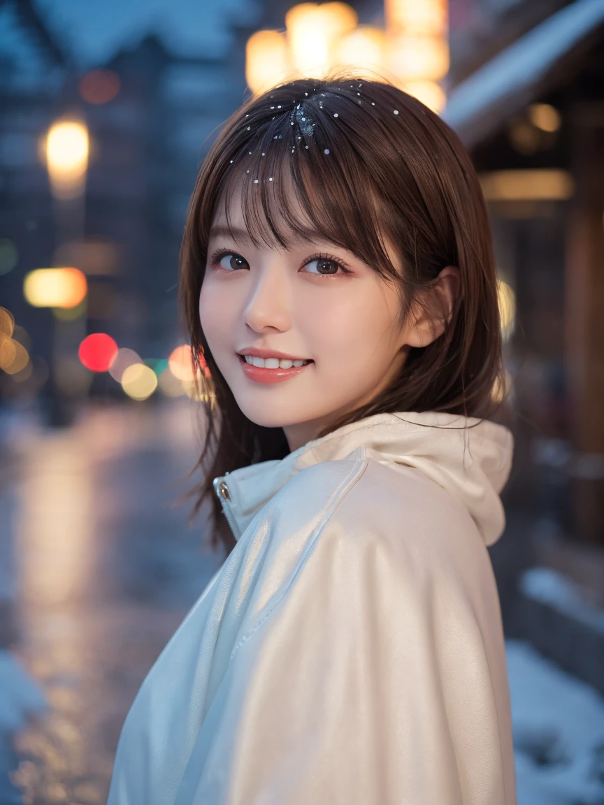 1 Girl, (Wear a platinum coat:1.2), (RAW Photos, Highest quality), (Realistic, Photorealistic:1.4), Tabletop, Very delicate and beautiful, Very detailed, 2k wallpaper, wonderful, finely, Very detailed CG Unity 8K 壁紙, Very detailedな, High resolution, Soft Light, Beautiful detailed girl, Very detailed目と顔, Beautiful and detailed nose, finelyて美しい目, Cinema Lighting, Illuminations that light up the city on a snowy night, Snow Scene, that&#39;it&#39;s snowing, 髪にit&#39;s snowing, Perfect Anatomy, Slender body, Was nervous, 
Straight semi-long hair, bangs, Looking at the audience, smile