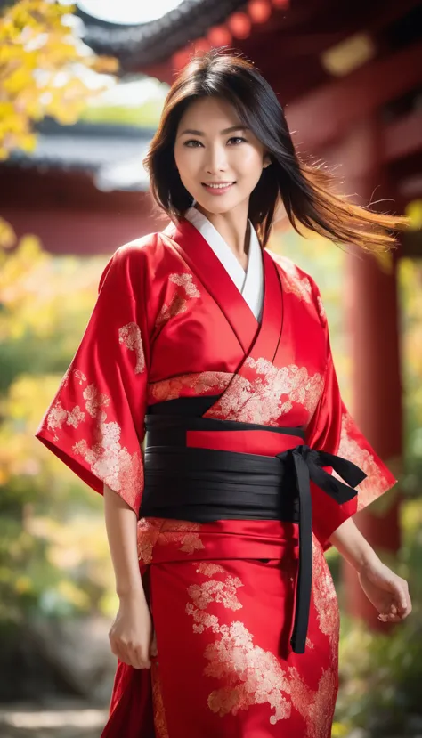 dynamic action shots, beautiful asian woman, she is wearing red samurai armor and a yukata.、don&#39;t have a weapon, she is tall...