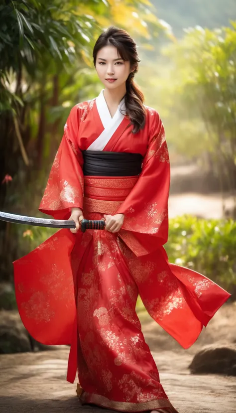 dynamic action shots, beautiful asian woman, she is wearing red samurai armor and a yukata.、don&#39;t have a weapon, she is tall...