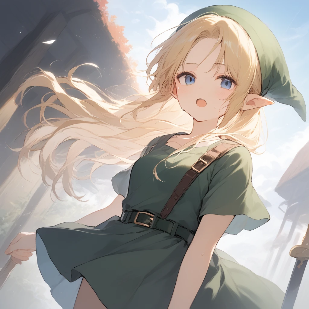 score_9, score_8_up, score_7_up, source_anime, best quality, masterpiece, official art, absurdres, highres, ultra-detailed,waifu2x,Collection: Slice of Life,break,1girl, YoungLink,13-year-old, small breasts, blonde hair, green tunic, pointy ears, hat, solo, blue eyes,green_headwear belt, sword, sweat, open mouth, sleepily, meadow, outdoors, wind,break,(clear line illustration:1.2), super detailed skin,very high resolution, very aesthetic, Best sexual lighting powered by famous artist, 8k,cute picture,beauty illustration,photoshop_(medium),,(Detailed Lighting),best anime 8k konachan wallpaper, pixiv contest winner, 