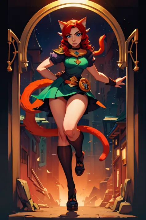 Surreal beautiful crazy elf, curly red hair, face detailed, grandes chifres, pointy cat ears, full body, big eyes, pointy very l...