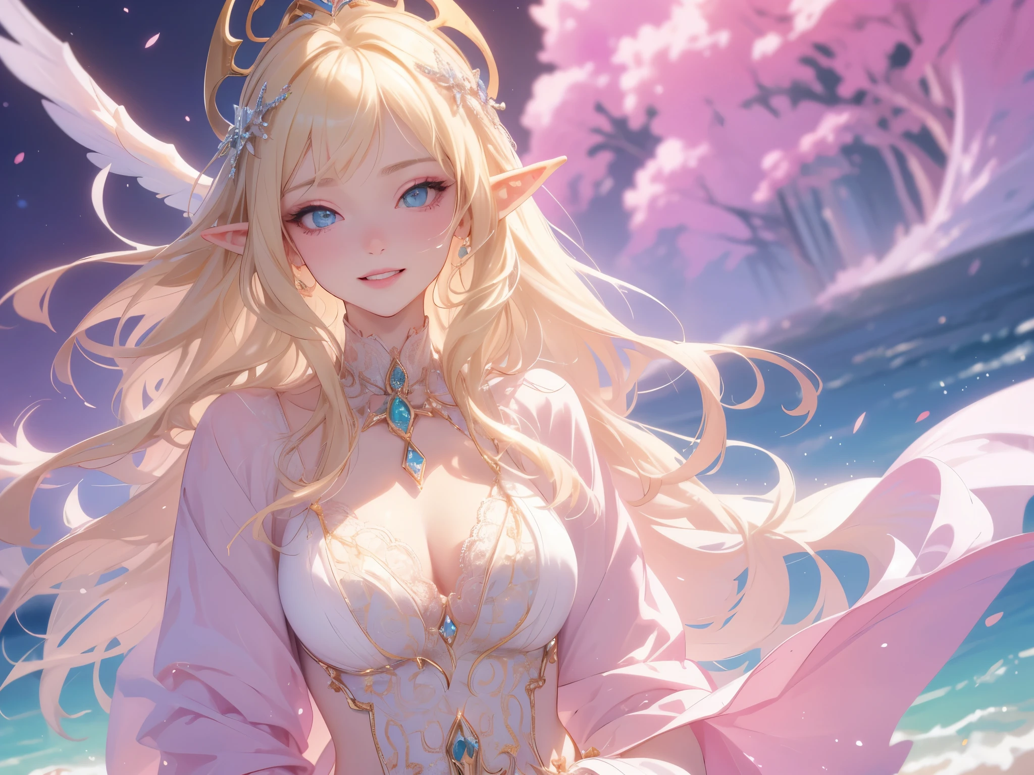  work of art, epic details, ultra detaild, best resolution, blonde, (elf goddess), crown with crystals ((rosto angelical)), eyes locked, (biting lower lip in a sexy way), sculptural body, pink scenery, White and pink clothes, Grinning, happy, expression of contentment, (glad) (great smile)