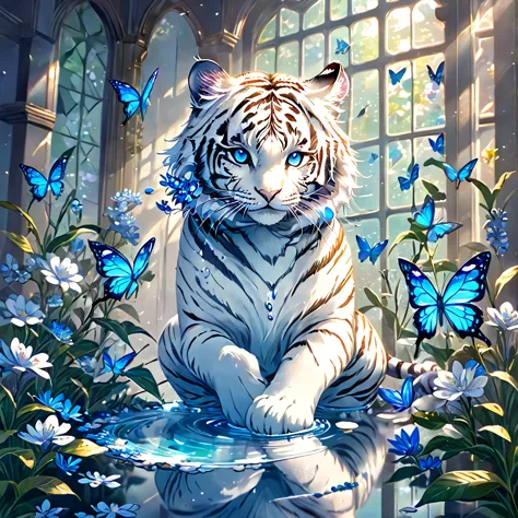 absurdres, highres, ultra detailed, HDR, master piece, best quality, extremely detailed, white tiger, solo, cute, small, fantasy...