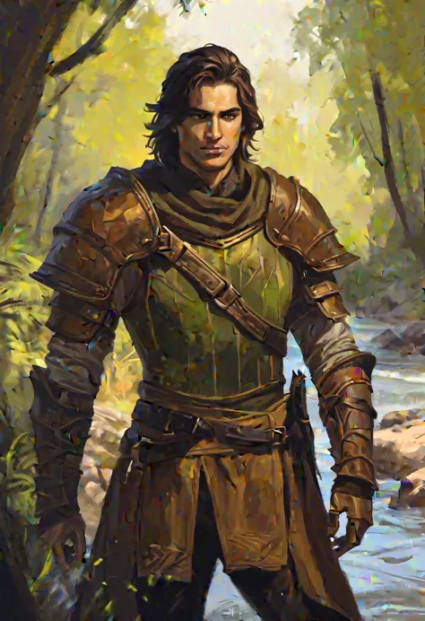 digitalpainting, pictorial \(styled\), male rogue from the Elder Scrolls series, trunk, portraite, A4, short dark hair, golden e...