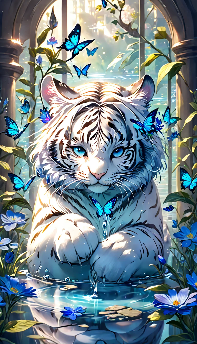 absurdesten, highres, Extrem detailliert, HDR, Meisterwerk, beste Qualität, Extrem detailliert, white tiger, Allein, Niedlich, Klein, Fantasie, Magieal, Magie, blaue Schmetterlinge, Blaue Blütenblätter, blaue Blumen, Wasser, Blüten, glass