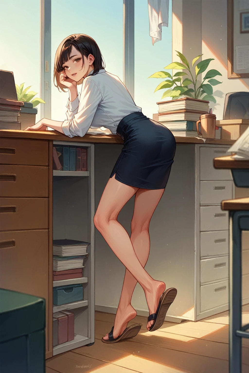 Asian woman bending over office desk, skirt hiked up, sandals