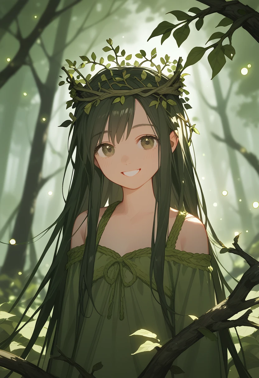 illustration, 2.5D, flat colors: 1.3, Line-Art, black and white, (detailed lights, detailed shadows) 1girl, dark green hair, brown eyes, quiet, Happy, calm, smile, cute, long hair, doe eyes , green haori, dryad, forest, background with trees, branches, leaves in hair, Vine crown, Vines, Leaves, vegetation, flower crown ((modern clothes)) Looking at the Viewer, looking at the camera,