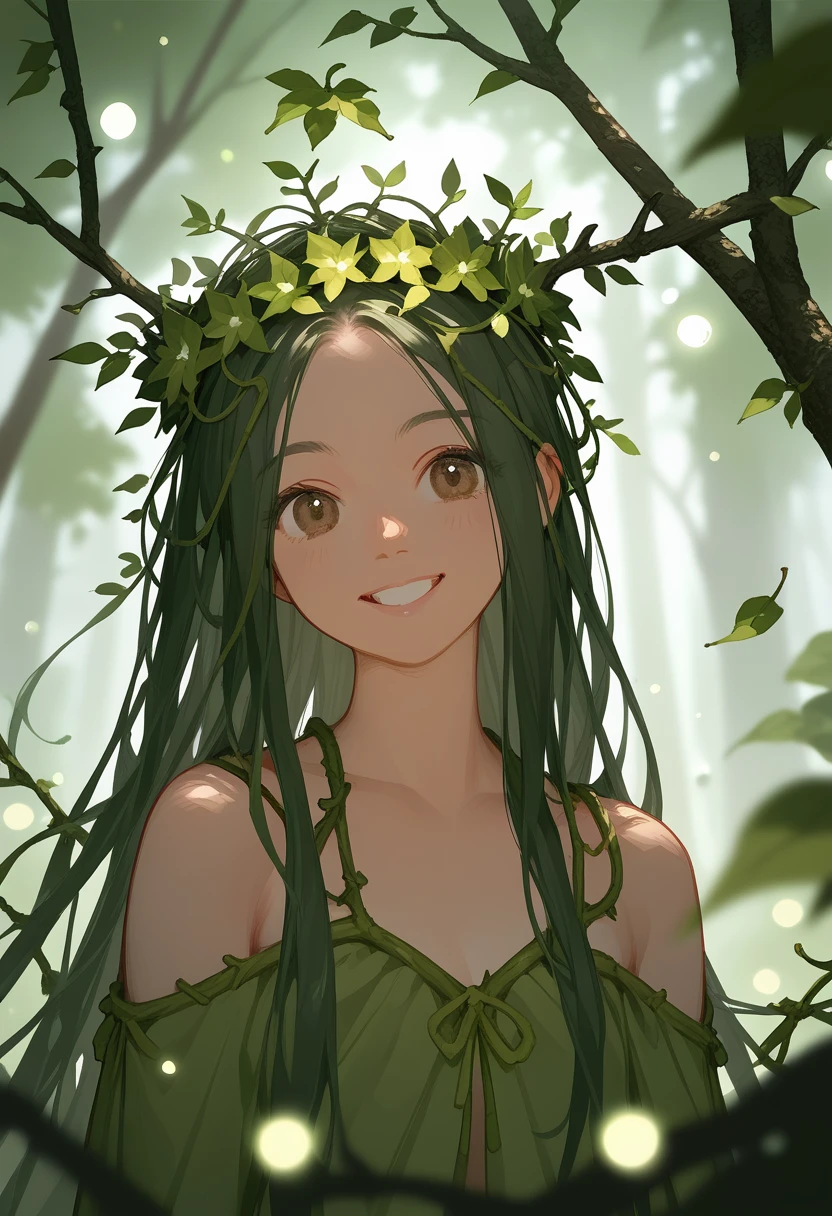 illustration, 2.5D, flat colors: 1.3, Line-Art, black and white, (detailed lights, detailed shadows) 1girl, dark green hair, brown eyes, quiet, Happy, calm, smile, cute, long hair, doe eyes , green haori, dryad, forest, background with trees, branches, leaves in hair, Vine crown, Vines, Leaves, vegetation, flower crown ((modern clothes)) Looking at the Viewer, looking at the camera,