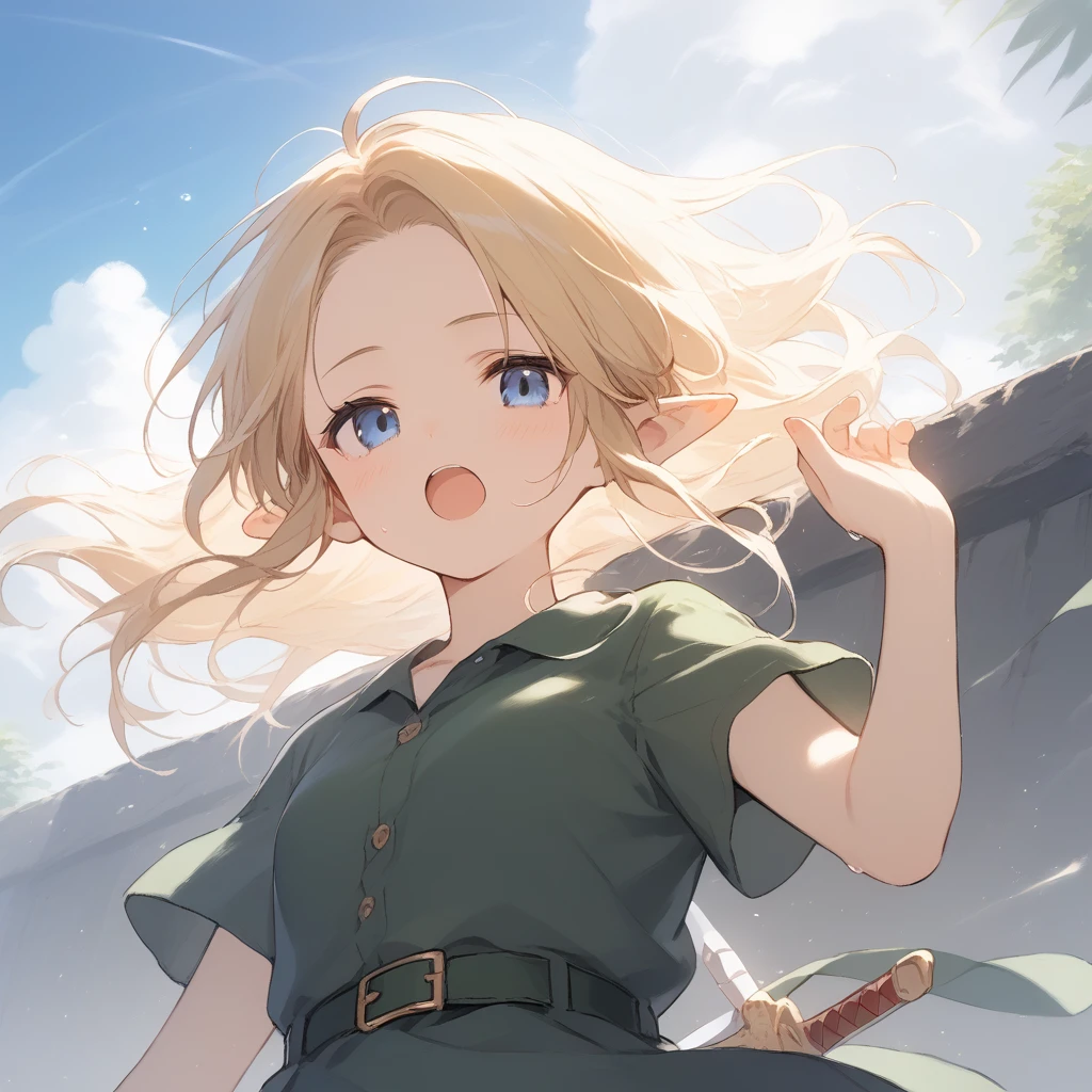 score_9, score_8_up, score_7_up, source_anime, best quality, masterpiece, official art, absurdres, highres, ultra-detailed,waifu2x,Collection: Slice of Life,break,1girl, YoungLink,13-year-old, small breasts, blonde hair, green tunic, pointy ears, hat, solo, blue eyes,green_headwear belt, sword, sweat, open mouth, sleepily, meadow, outdoors, wind,break,(clear line illustration:1.2), super detailed skin,very high resolution, very aesthetic, Best sexual lighting powered by famous artist, 8k,cute picture,beauty illustration,photoshop_(medium),,(Detailed Lighting),best anime 8k konachan wallpaper, pixiv contest winner, 