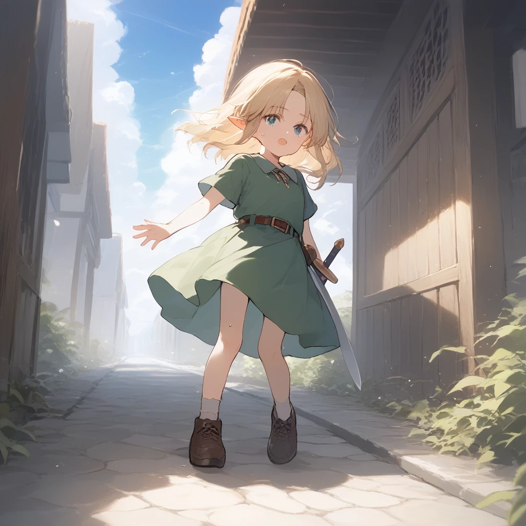 score_9, score_8_up, score_7_up, source_anime, best quality, masterpiece, official art, absurdres, highres, ultra-detailed,waifu2x,Collection: Slice of Life,break,1girl, YoungLink,13-year-old, small breasts, blonde hair, green tunic, pointy ears, hat, solo, blue eyes,green_headwear belt, sword, sweat, open mouth, sleepily, meadow, outdoors, wind,break,(clear line illustration:1.2), super detailed skin,very high resolution, very aesthetic, Best sexual lighting powered by famous artist, 8k,cute picture,beauty illustration,photoshop_(medium),,(Detailed Lighting),best anime 8k konachan wallpaper, pixiv contest winner, 