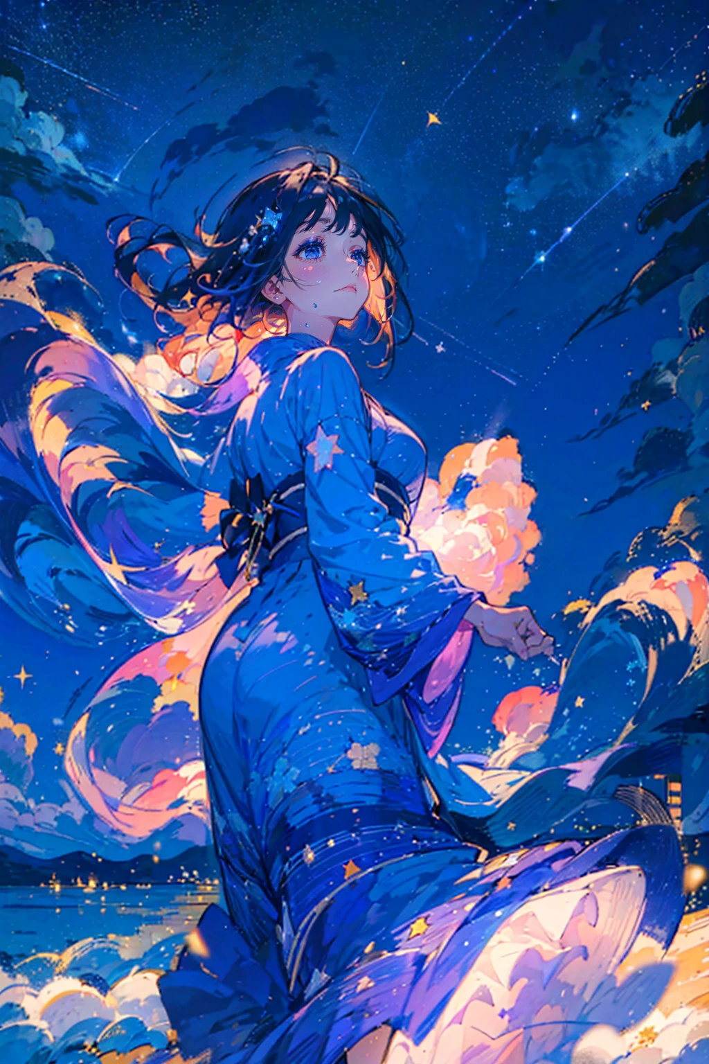 1fille,seulement,cool,Yukata,visage parfait,Des doigts parfaits,chercher,elle voit le ciel,nuit étoilée,nuit étoilée,faible angle,fanxing,fantastique