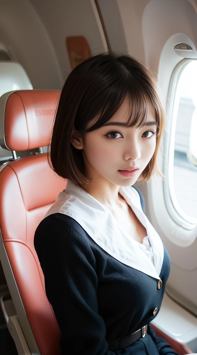 top-quality, ​masterpiece, 8K, 超A high resolution, (Photorealsitic:1.4), 1girl in、Beautiful face、symmetrical eye、Colossal 、Perfect body proportion、Stewardess uniform、Look at viewers、(Inside the plane:1.2)、front-facing view、Shoulder、Absolute area(1.3)、A smile　erotic sucking on a penis blow ob nude 