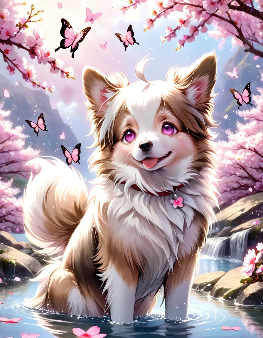 absurdres, highres, ultra detailed, HDR, master piece, best quality, extremely detailed, dog, border collie doble merle, white fur, light brown around the eyes, light brown ears, brown eyes, solo, cute, small, fantasy, magical, magic, pink butterflies, pink petals, pink flowers, water, blossoms