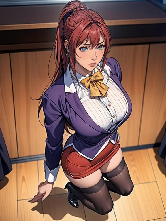 High resolution,Absurd,masterpiece,Highest quality,original,Highly detailed CG,Highly detailed wallpaper,Perfect lighting,Take to the stage,Blurred Background,(From above),View your viewers,
Takashiro Hiroko,Purple eyes,Long Hair,Redhead,Earrings,jewelry,teacher,blouse,bow tie,blazer,Pencil Skirt,Knee socks,High heels,