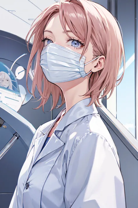 Dentist Woman、Look into the face、Angle from below、throw,White coat、Nurse attire、mask、handle