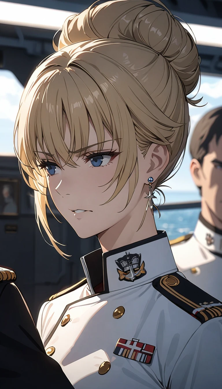 (Royal Navy), Horatio Nelson, Admiral, on board, warship, clear skies, aboard a warship at sea, commander, naval uniform, blonde hair, hair bun, raised eyebrows, earrings, cinematic lighting, cowboy shot, ((masterpiece)), (super detail), textured skin, high quality, highres, serious