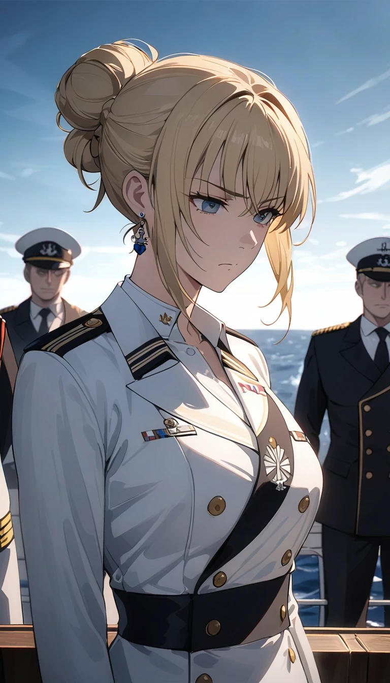 (Marine royale), Horatio Nelson, amiral, À bord, navire de guerre, ciel clair, aboard a navire de guerre at sea, le commandant, uniforme naval, cheveux blond, Chignon, sourcils haussés, des boucles d&#39;oreilles, Éclairage cinématographique, tir de cow-boy, ((chef-d&#39;œuvre)), (Super détail), peau texturée, Haute qualité, haute résolution, sérieux