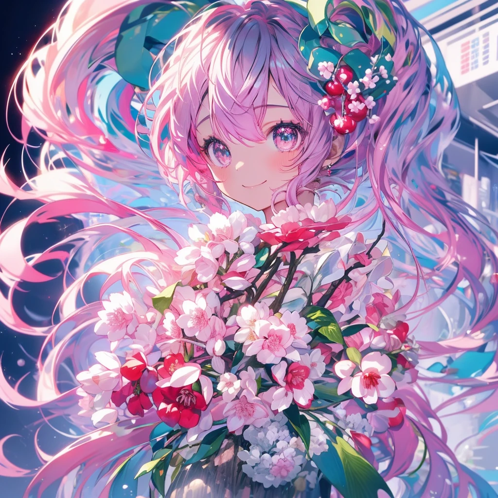 masterpiece、hatsune miku、Pink Hair、Long Hair、Cherry blossom hair accessory、The wind is blowing、Sparkling eyes、smile、Have a plastic bottle、Upper Body、(((Top view)))