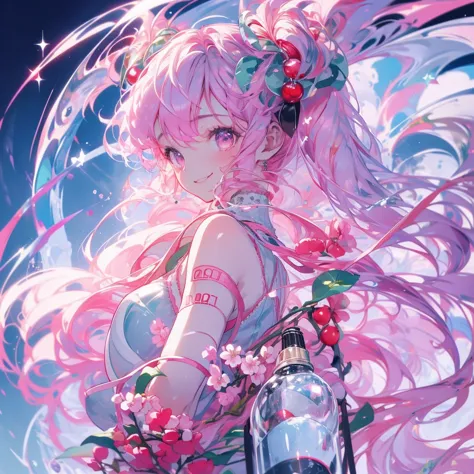 masterpiece、hatsune miku、pink hair、long hair、cherry blossom hair accessory、the wind is blowing、sparkling eyes、smile、have a plast...