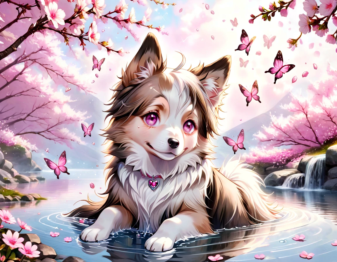 absurdres, highres, ultra detailed, HDR, master piece, best quality, extremely detailed, dog, border collie doble merle, white fur, light brown around the eyes, light brown ears, brown eyes, solo, cute, small, fantasy, magical, magic, pink butterflies, pink petals, pink flowers, water, blossoms