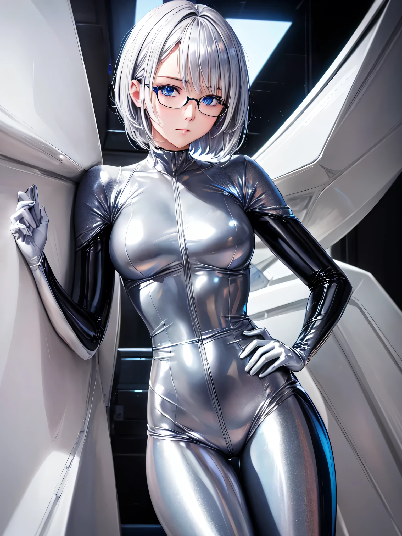 Highest quality 8K UHD、Mastepiece、Close-up、short hair、Blue Eyes、Open legs、Silver Hair、Glasses、A beautiful woman wearing a sleek silver metallic suit、Full body silver metallic rubber suit