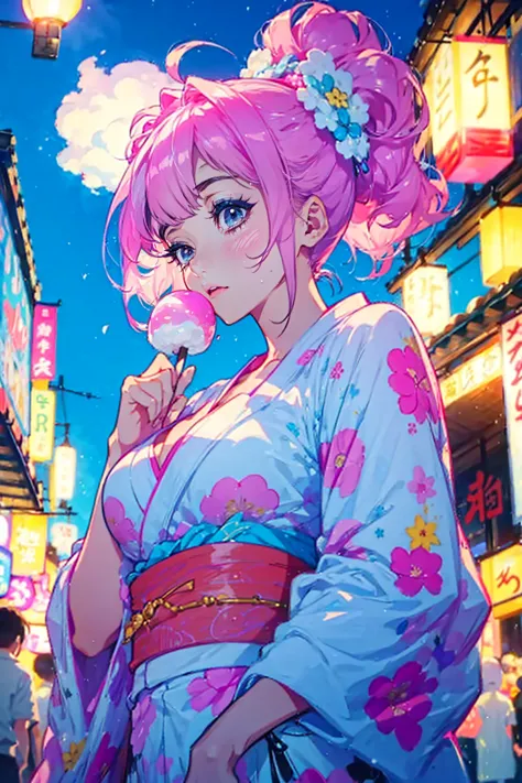 1girl,solo,cute,bigbreast,cleavage,yukata,perfect face,in summer festival,she has a cottoncandy,night,